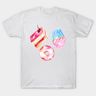 Watercolor Cake Slice Cupcake Donut Doughnut Illustration Cute T-Shirt